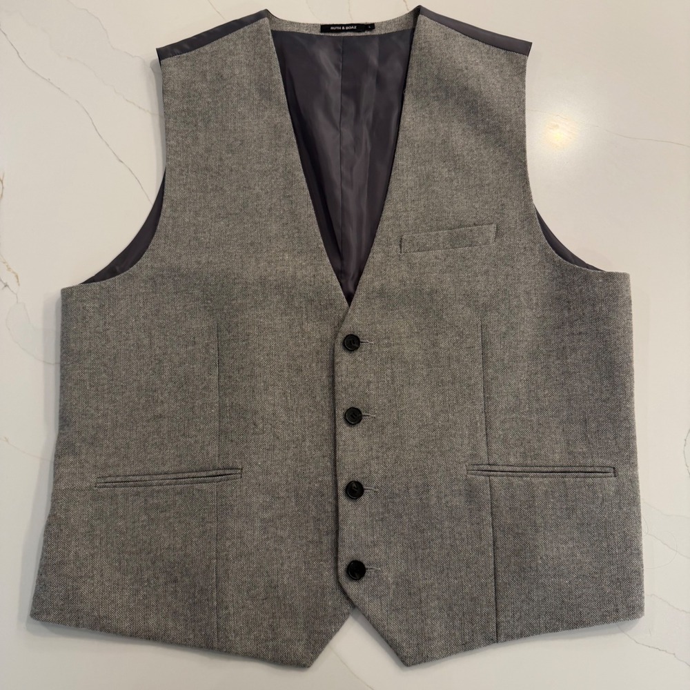 Ruth & Boaz Mens Grey Herringbone Wool Blend Suit Vest Waistcoat Size L